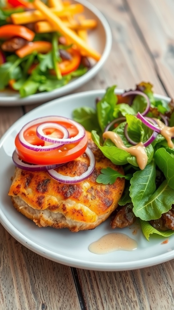A salmon burger with toppings and a side salad on a rustic table.